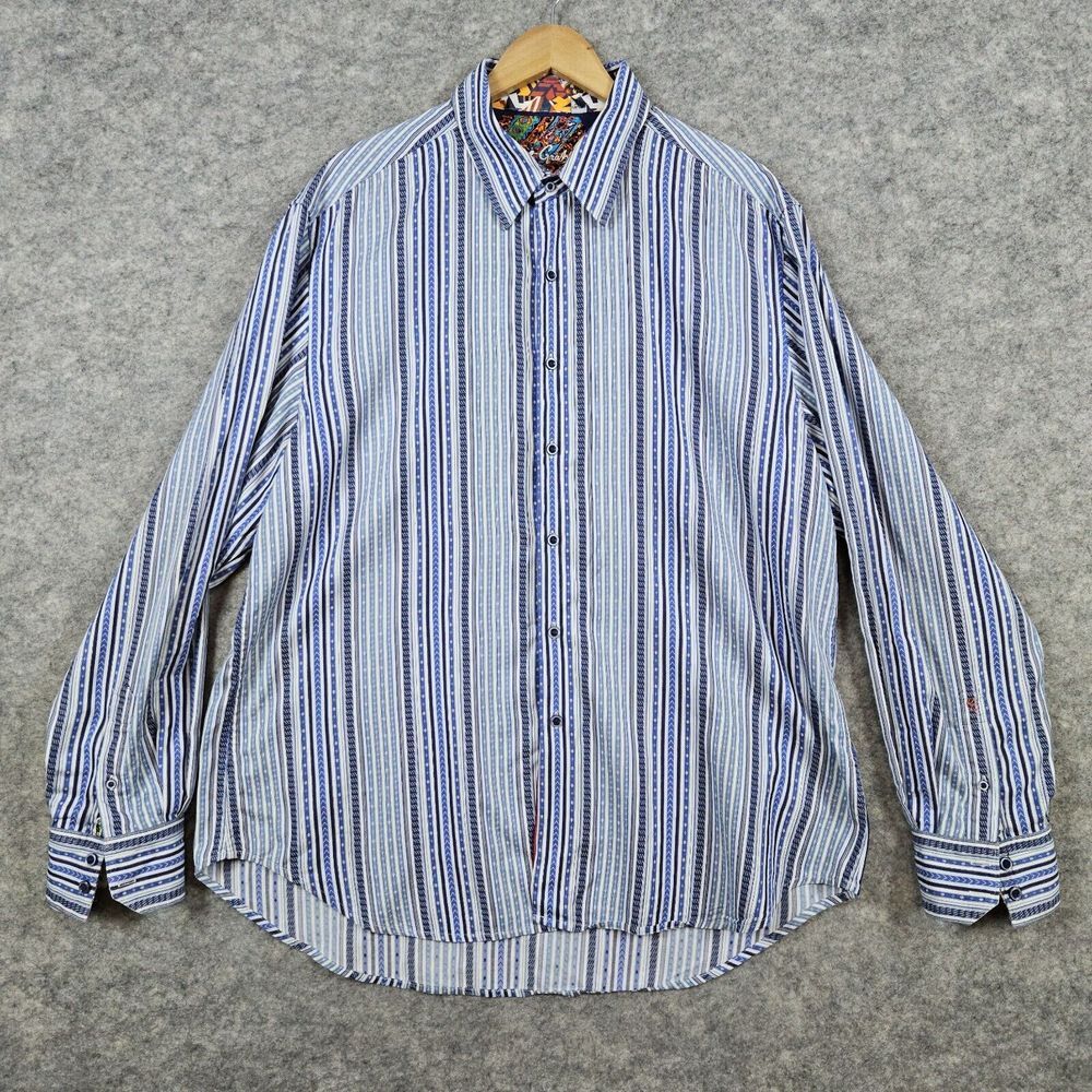 Robert Graham Men's Blue Striped Dress Shirt Size 2XL Embroidered Flip Cuff Keys